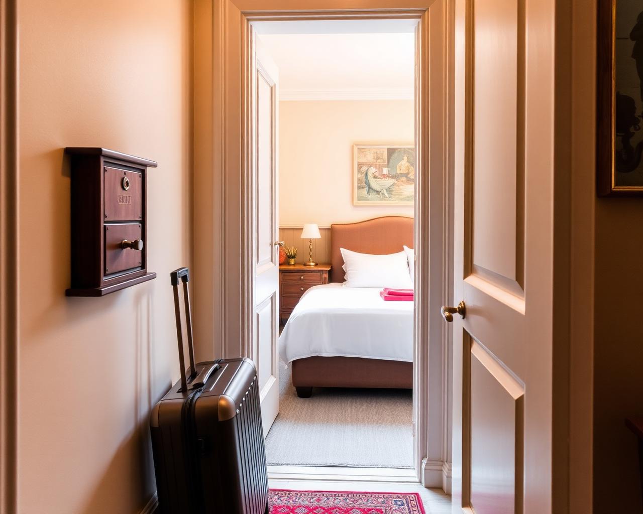Arrivée de voyageur avec valise dans un appartement premium